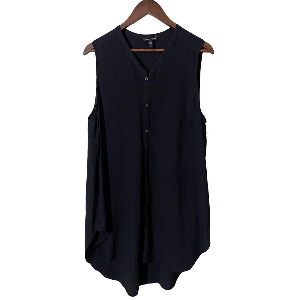 Eileen Fisher Black Sleeveless Button-Front V-Neck Blouse